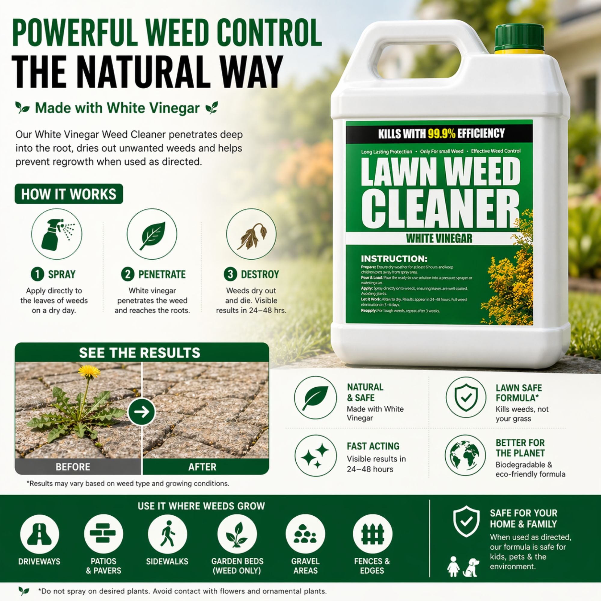 Natural Weed Killer 2x5L (10L Total) – Extra Strong Acetic Acid Weed Killer for Gardens, Lawns, Paths & Driveways – Fast Acting Eco-Friendly Pet Safe Weed Remover Solution