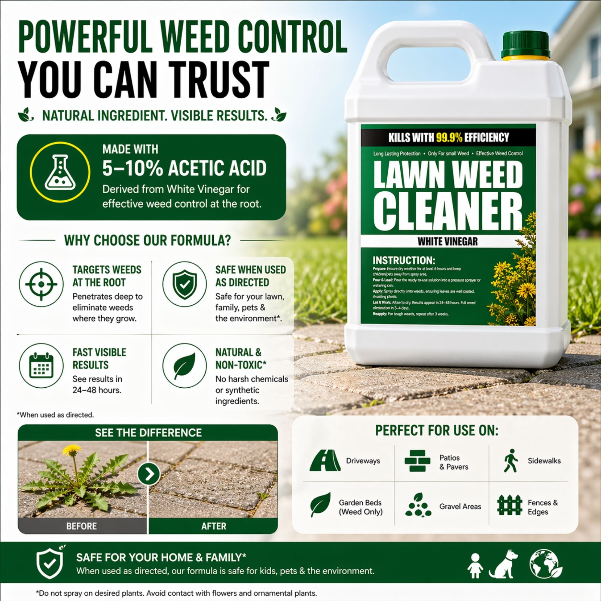 Natural Weed Killer 2x5L (10L Total) – Extra Strong Acetic Acid Weed Killer for Gardens, Lawns, Paths & Driveways – Fast Acting Eco-Friendly Pet Safe Weed Remover Solution