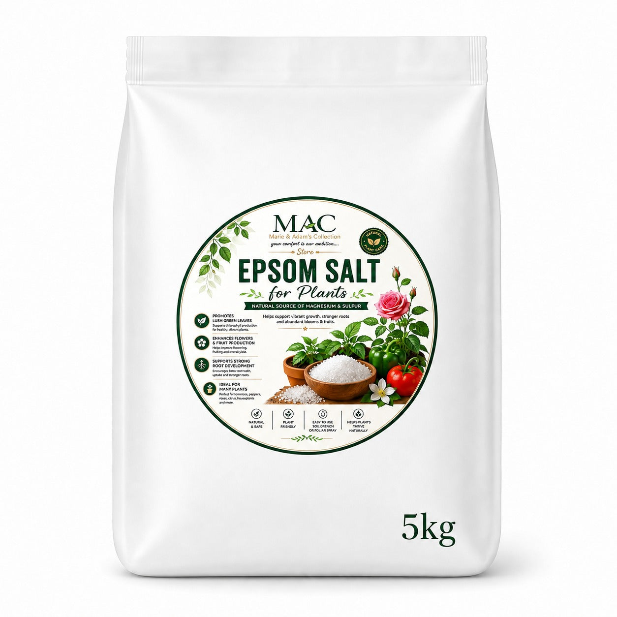 Epsom Salt for Plants 5kg – Magnesium Sulphate Crystals for Garden, Flowers, Vegetables & Houseplants